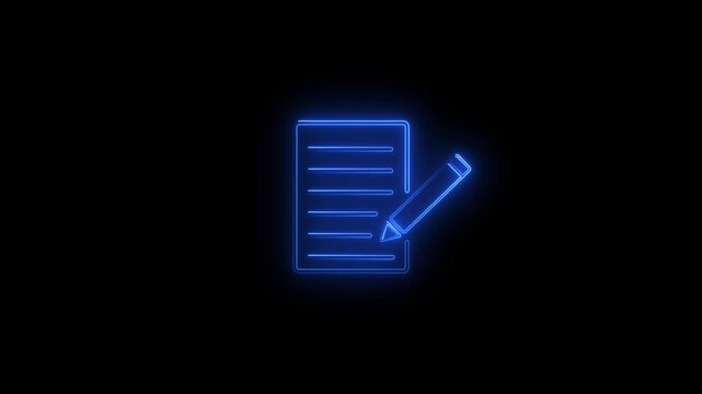 Blue neon outline icon of a document with lines and a pencil on a black background paper writing