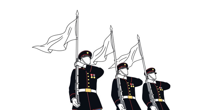 Three soldiers in uniform holding flags and rifles.