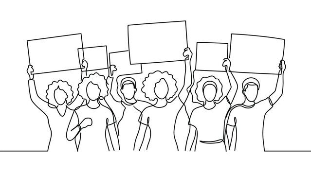 Continuous one line drawing of a diverse group of people protesting with blank signs.