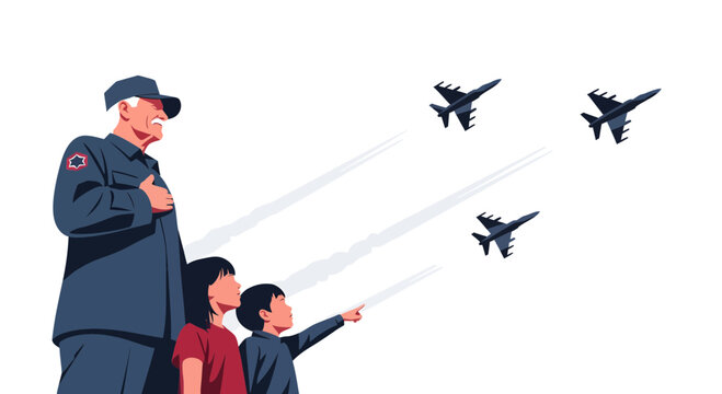 Veteran watches fighter jets fly overhead with children pointing.
