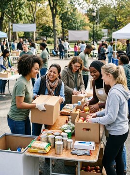 Diverse volunteers happily sort and pack food donations for a community charity event outdoors
