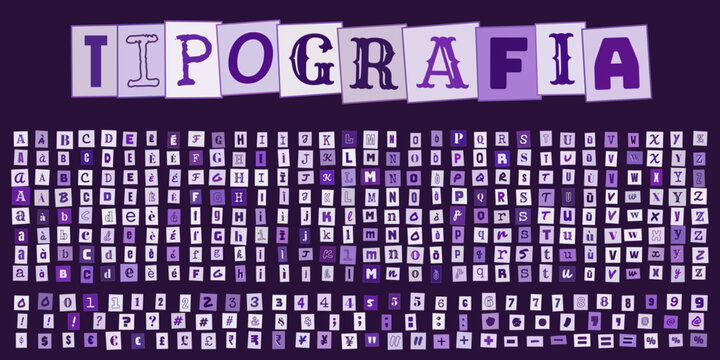 TIPOGRAFIA set di lettere ritagliate stile ransom note per design creativo e composizioni grafiche personalizzate su sfondo scuro
