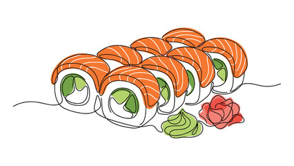 Continuous line drawing of sushi rolls with salmon avocado wasabi and ginger. © Ternak