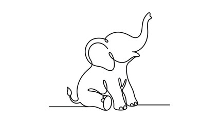 Minimalist continuous line drawing of a cute baby elephant sitting. © Rahmat