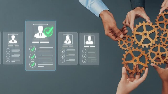 Hands of professionals working together to select candidates from digital profiles with checkmarks and cogs representing teamwork and recruitment strategy Sigmoid