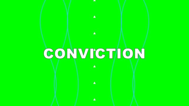 4K green screen CONVICTION animated title - side paths bend while one central path stays straight, kinetic typography motion graphics intro overlay, chroma key
