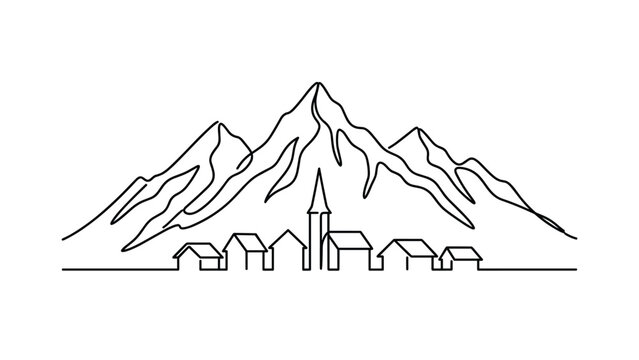 Continuous single line drawing of mountain landscape with small village.