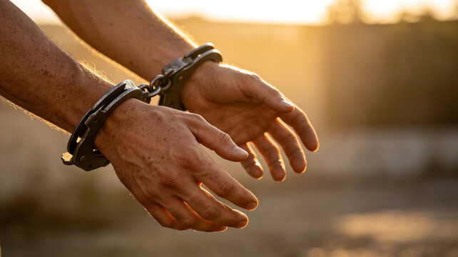 Men's hands locked in metal handcuffs outdoors during golden hour sunset.