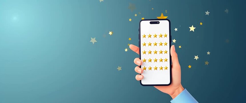 Hand holding smartphone displaying five star rating review on blue background