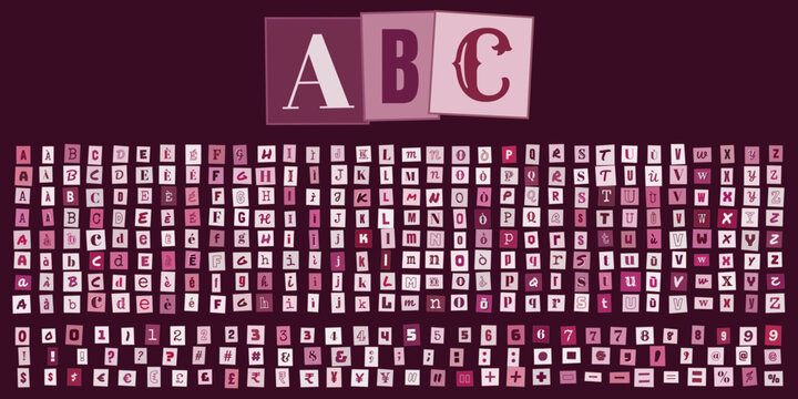 Alfabeto stile lettera di riscatto, set completo di lettere ritagliate da giornali, numeri e simboli per design grafico creativo