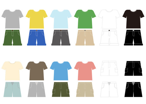 春や夏に着る半袖Tシャツとショートパンツのイラストセット
