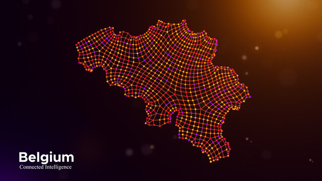 Belgium connected intelligence concept featuring a digital node network map and modern typography on a vibrant purple orange technology background with glowing bokeh lights.