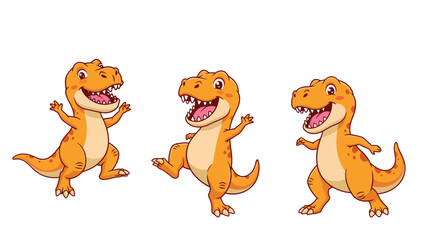 Fototapeta premium Three happy cartoon dinosaurs dancing and playing together, isolated on a white background.