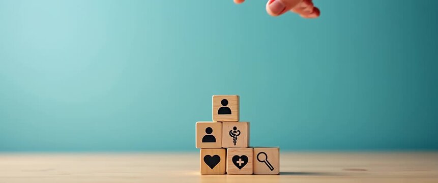 Wooden blocks stacked with people, heart, and search icons on turquoise background representing human connection and relationship discovery