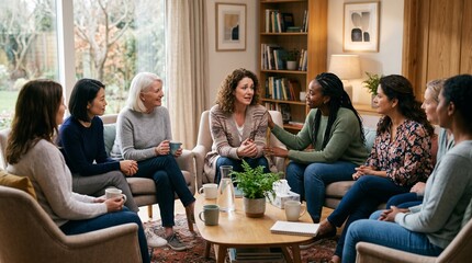 Fototapeta premium Diverse group of women in a support group session sharing and listening attentively in a cozy living room setting