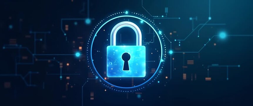 Digital padlock with keyhole on blue circuit board network representing cybersecurity and data protection