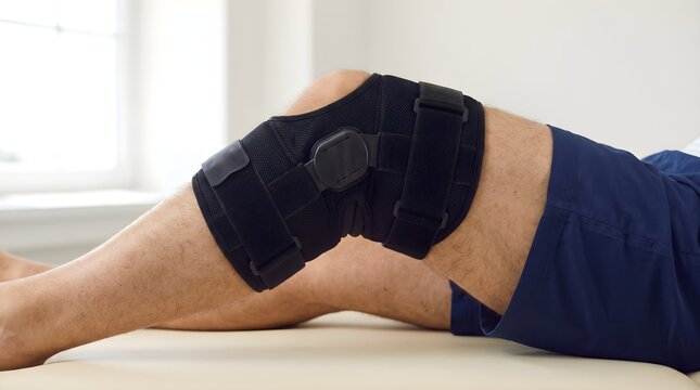 Close Up of Patient Wearing Black Orthopedic Knee Brace, Joint Injury Support and Medical Rehabilitation Concept