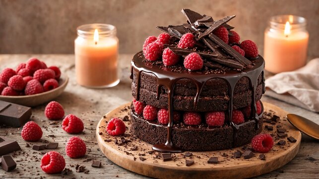 Chocolate cake with raspberries and chocolate shavings on a wooden plate