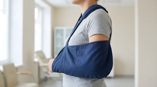 Side View of Person Wearing Blue Fabric Arm Sling for Shoulder Injury Support, Medical Healthcare Recovery Concept