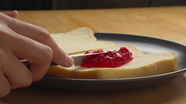 hands using a butter knife to spread bright red strawberry jam onto slices of fresh white bread on a black plate