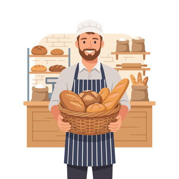 Proud male baker holding wicker basket full of fresh bread loaves in bakery. Smiling man in striped apron and chef hat standing in bakehouse shop. Flat vector illustration.