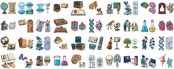 Obraz premium Comprehensive Collection of Educational Icons for Science and Arts Curriculum Study