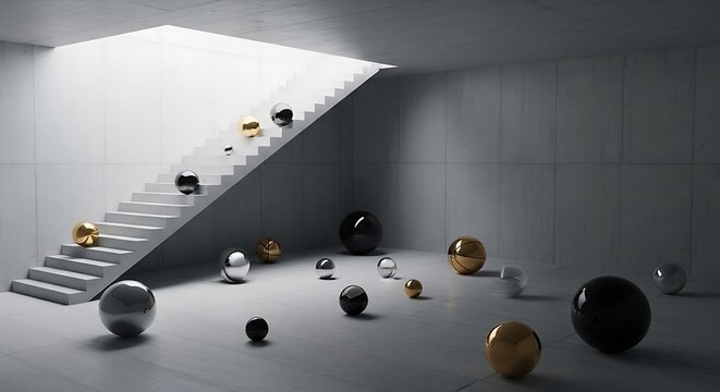 Empty square room with Stairs and spheres
