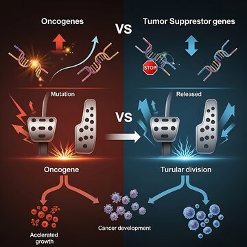 Medical diagram comparing oncogenes and tumor suppressor mechanisms