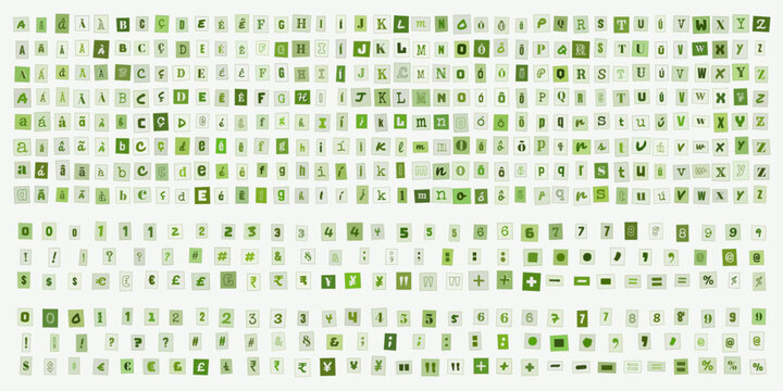 Alfabeto e numeros em estilo recorte de jornal verde, conjunto de letras tipograficas para design criativo, colagem de recortes de papel
