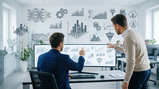 Two colleagues analyzing big data charts and graphs on large monitor screen, business intelligence, market research