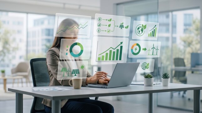Businesswoman working with holographic interface showing sustainable growth, green energy charts and eco-friendly data analysis in modern office environment