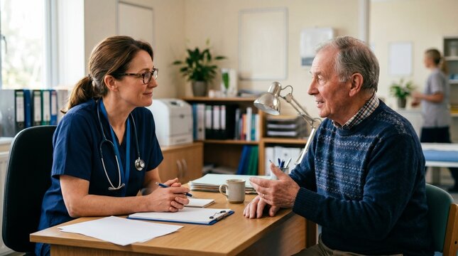 Doctor consults with elderly male patient in a clinic office discussing health concerns and treatment options
