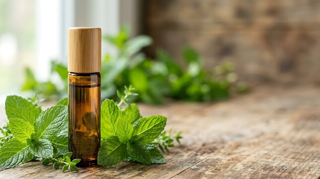 Essential oil roller bottle with fresh mint on wooden surface