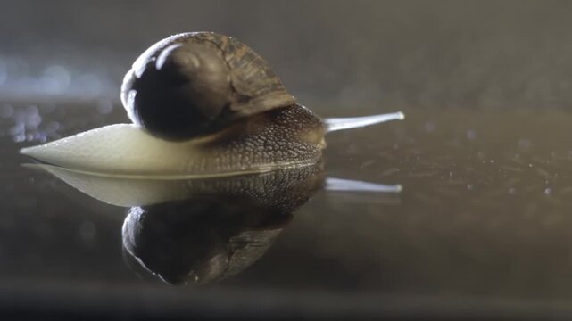 Snail glides slowly across dark, wet surface. Reflection mirrors its movement perfectly. Soft light highlights shell and extended tentacles. Slow motion captures tranquil, deliberate motion