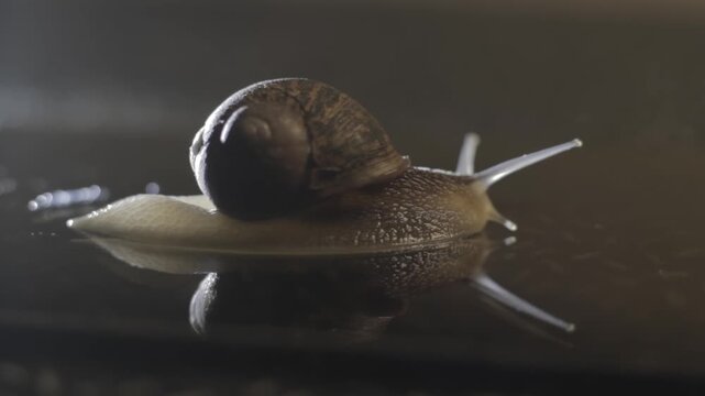 Snail glides across dark, wet surface. Its shell glistens under soft, focused light. Reflections ripple with each slow movement. The snail's trail leaves a delicate, moist path