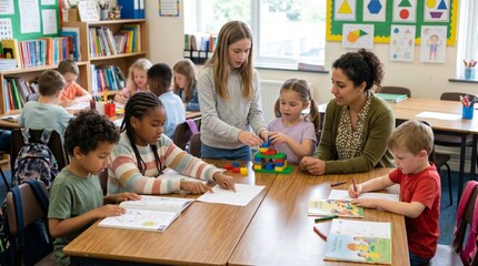 Obraz premium Diverse elementary school students engaged in learning activities with their teacher in a bright classroom setting