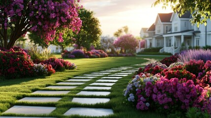 Obraz premium Vibrant Municipal Landscaping Project Showcasing Lush Lawn and Colorful Flower Beds in Residential Settings