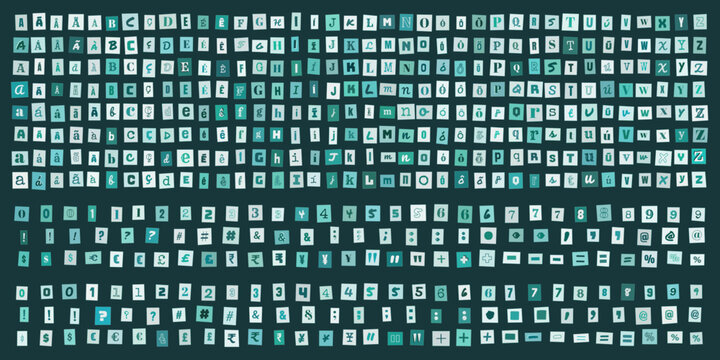 Alfabeto estilo carta de resgate com letras e numeros recortados para design grafico criativo e composicao de mensagens anonimas