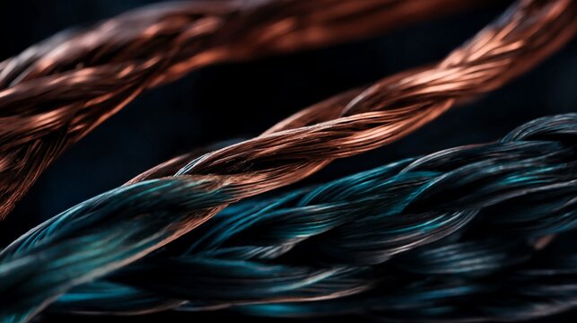 Closeup view of colorful braided copper and blue wires on dark background