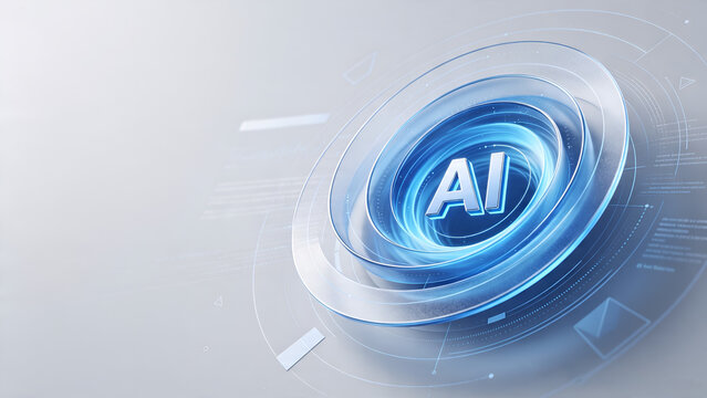 Futuristic artificial intelligence background with glowing blue AI core engine icon and ample white copy space for innovative technology development promotion banner.