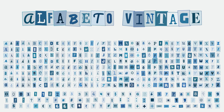 Alfabeto Vintage, conjunto de letras e numeros estilo recorte de jornal para design grafico, tipografia retro azul para colagens e convites