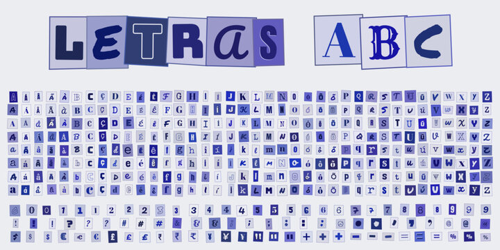 LETRAS ABC conjunto de alfabeto recortado estilo carta de resgate para design grafico e composicao de textos criativos em azul