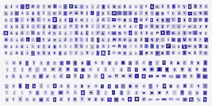 Alfabeto de letras recortadas estilo carta de resgate, conjunto de caracteres tipograficos para design grafico, colagem de recortes de revista