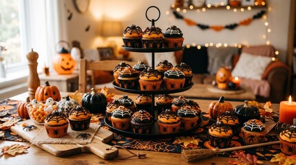 Fototapeta premium Festive Halloween cupcakes with spider web and spider decorations on a tiered stand with pumpkins and candy corn