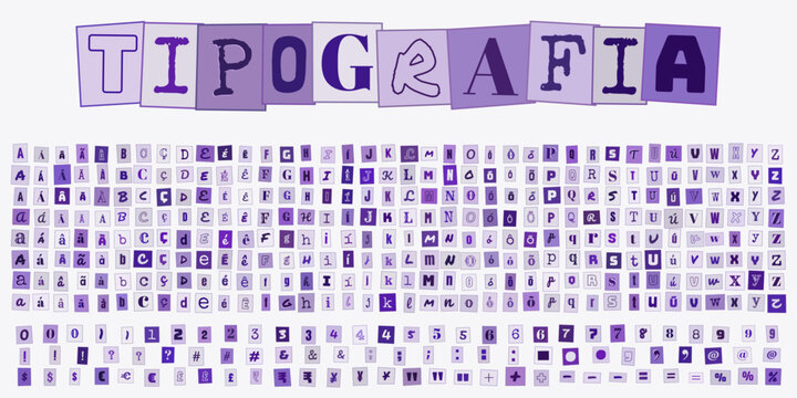 TIPOGRAFIA, conjunto de letras e n&uacute;meros estilo recorte de jornal, alfabeto completo em tons de roxo para design gr&aacute;fico criativo e colagens digitais