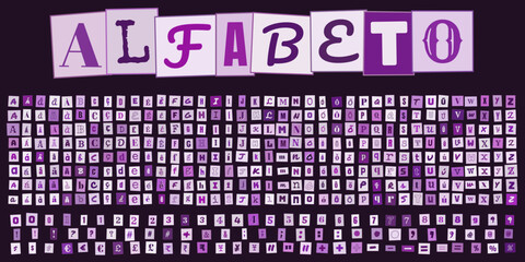 ALFABETO estilo carta de resgate com letras e numeros recortados para design grafico criativo e composicao de textos personalizados © velikiyzayats