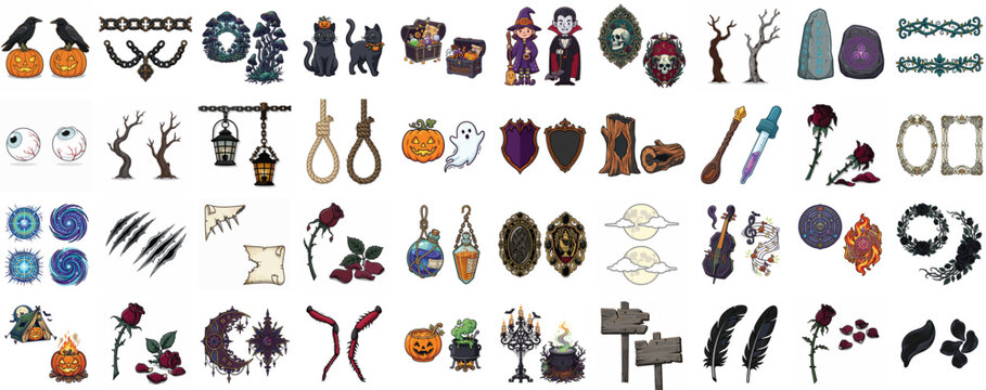 Pixel Art Halloween Horror Icon Set Featuring Spooky Elements and Gothic Symbols