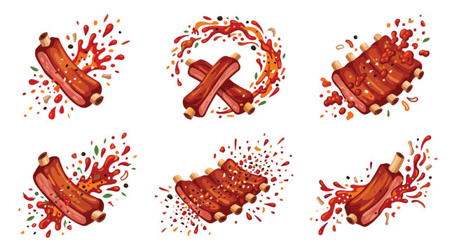 Glazed BBQ ribs splashing in sauce with explosive food element particles set