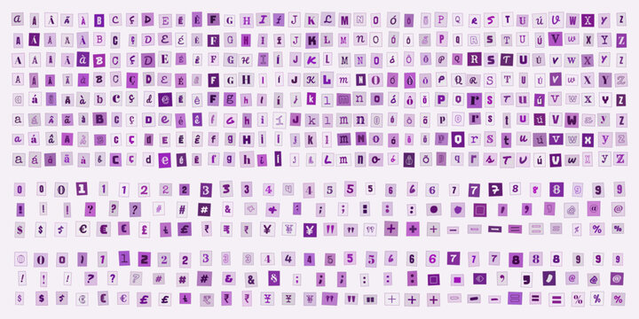 Alfabeto e numeros estilo carta de resgate, conjunto de letras e simbolos tipograficos roxos para design criativo e colagens