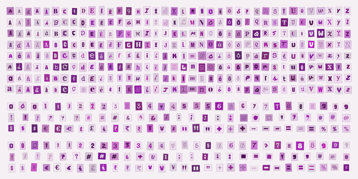 Alfabeto e numeros estilo recorte de jornal roxo, conjunto de letras e simbolos para design criativo, colagem tipografica moderna